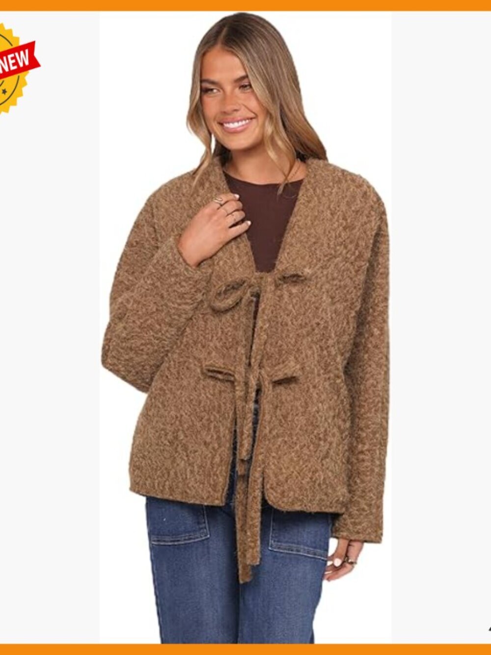 Oversized Cardigan with Bow Tie Detail, Long Sleeves, V-Neck, Textured Fabric